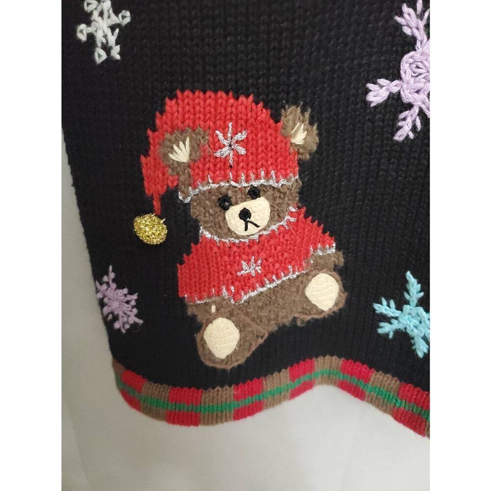 Storybook Knits Vintage Christmas Teddy Bears Ugly Cardigan V Neck Sweater - Picture 7 of 14